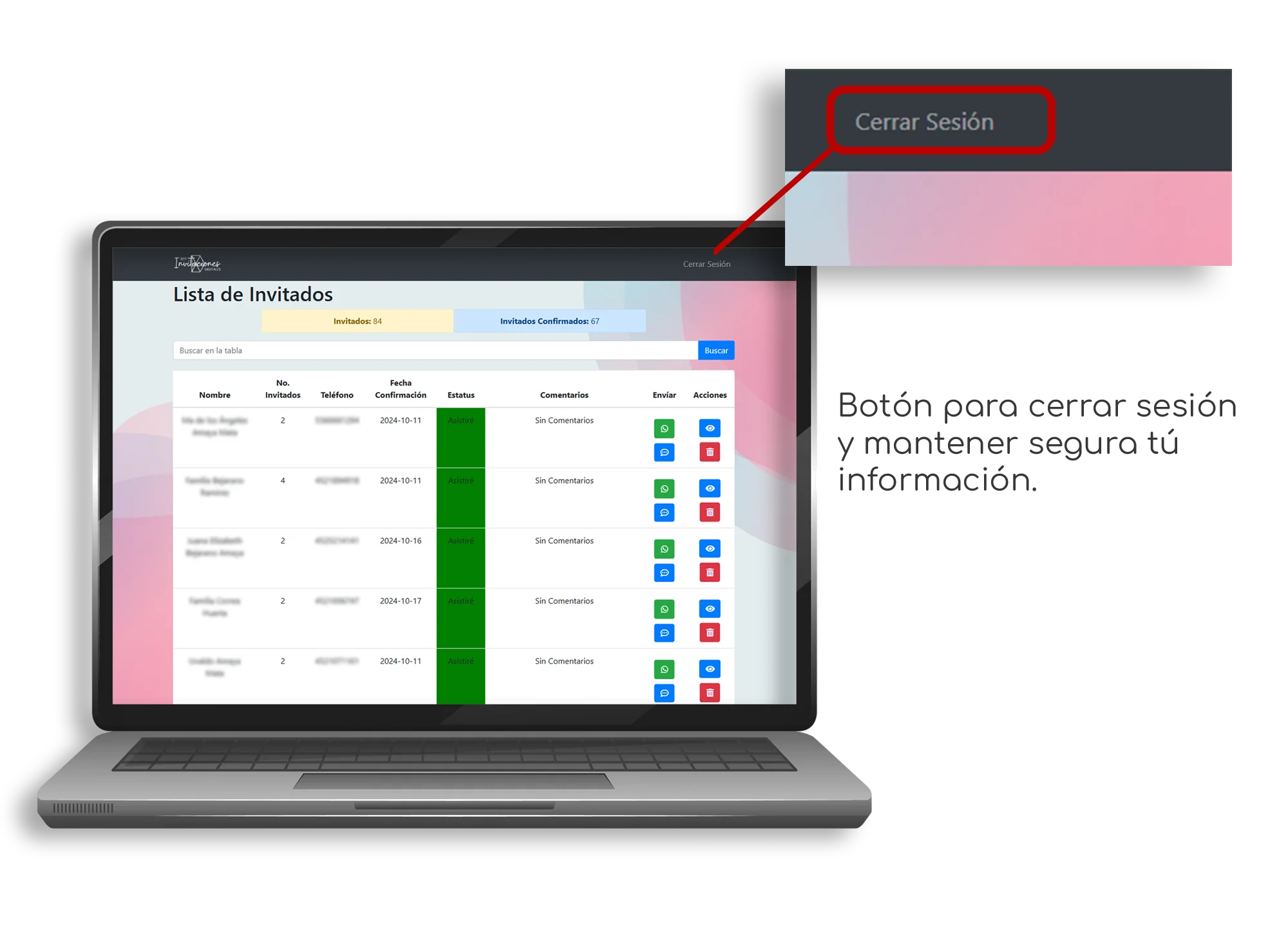 Laptop con sistema de invitados resaltando botón para cerrar sesión
