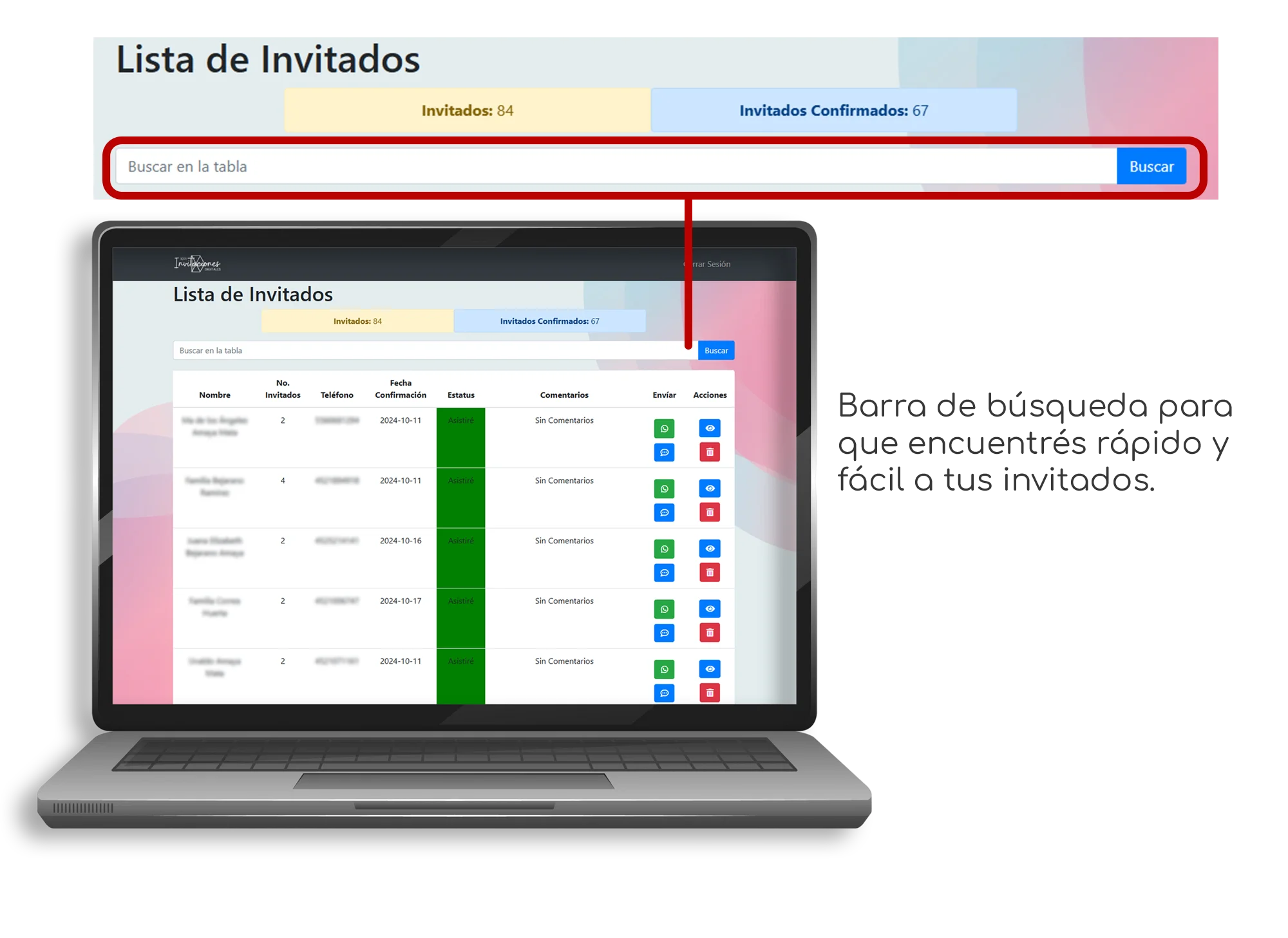 Laptop con sistema de invitados resaltando botón para buscar personas