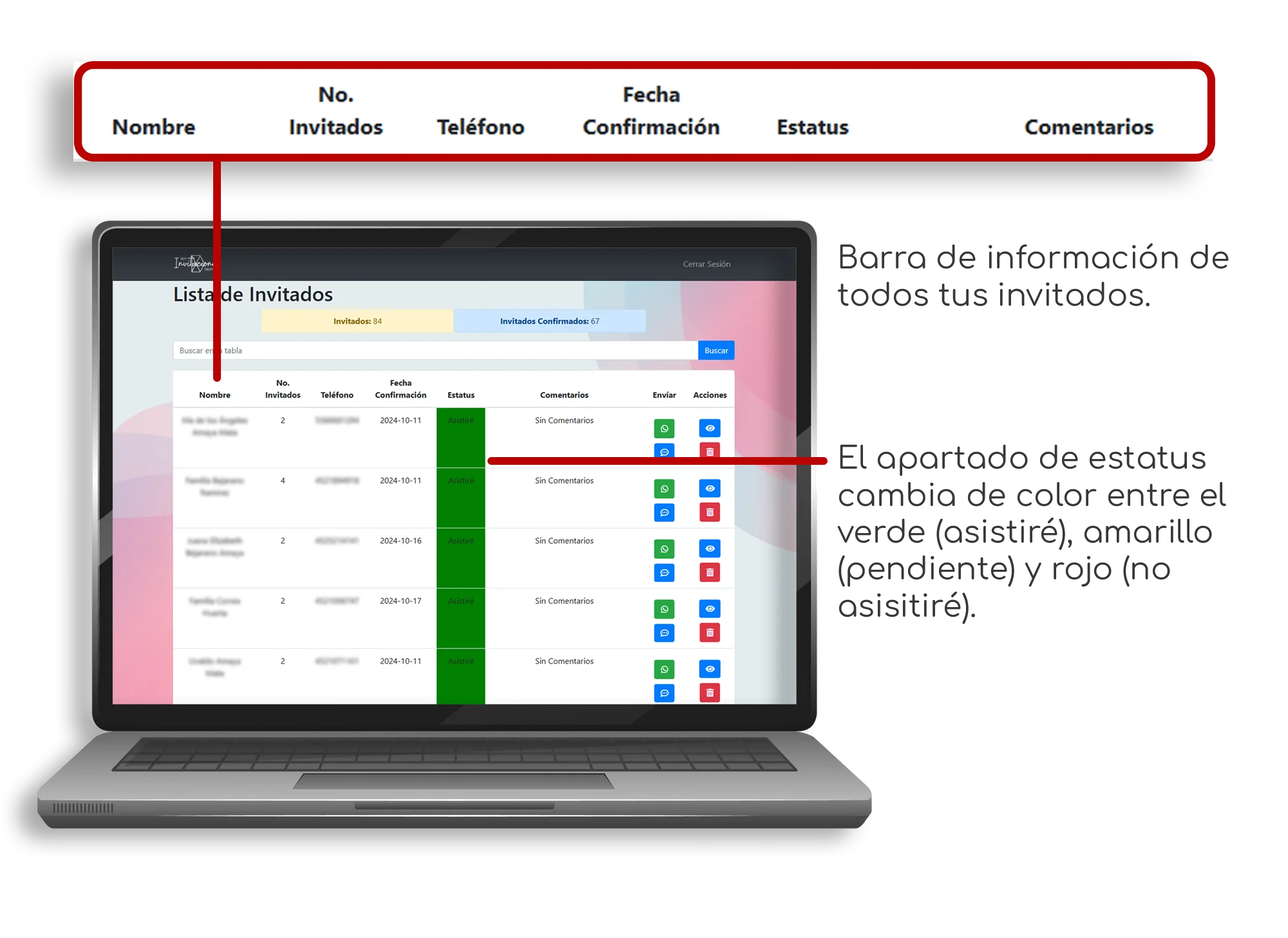 Laptop con sistema de invitados resaltando área de información
