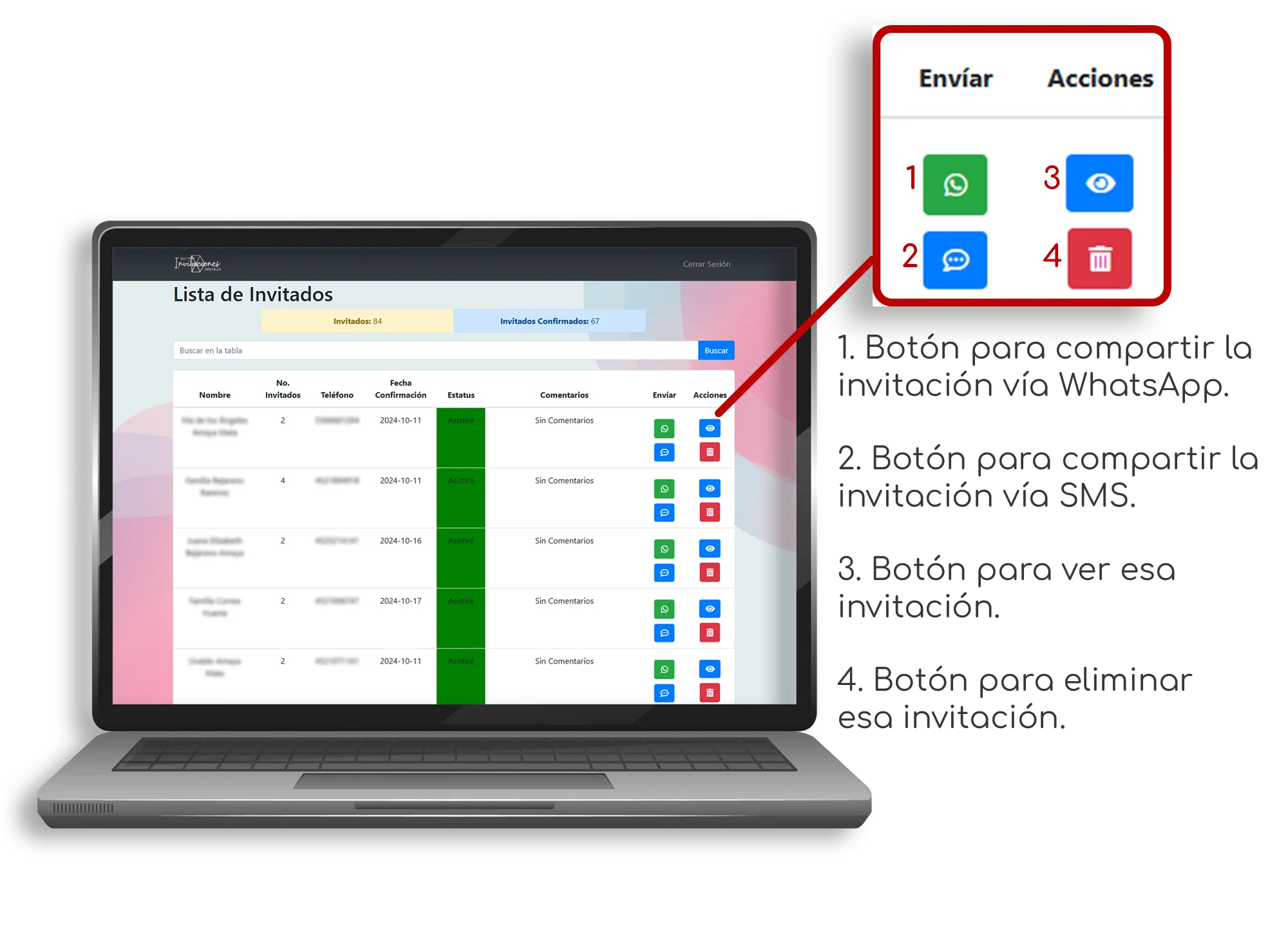 Laptop con sistema de invitados resaltando botones de acción para enviar, ver y borrar invitaciones
